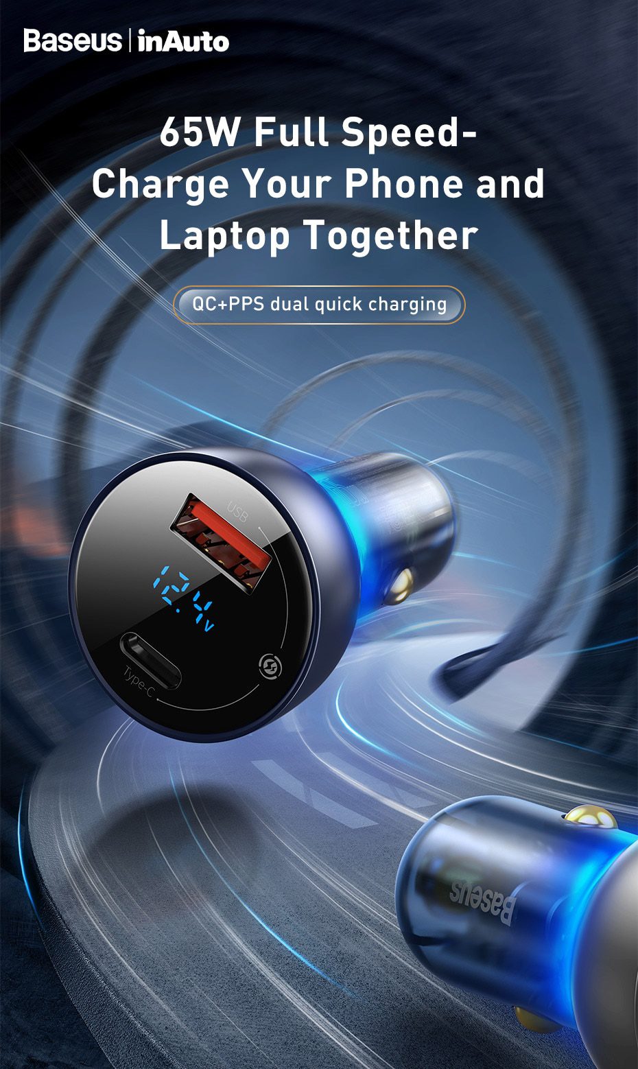 Baseus Car Charger PD 65W Fast Charging Quick Charge 4.0 QC3.0 USB Type C Charger For iPhone 12 11 Xiaomi Samsung MacBook Laptop