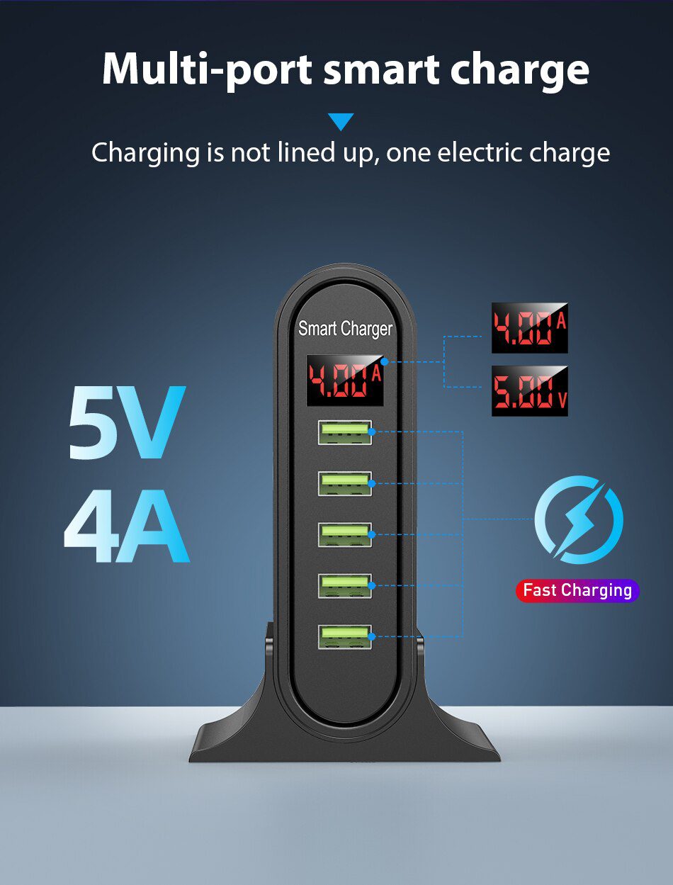 USLION 5 Port USB Charger For Xiaomi LED Display Multi USB Charging Station Universal Phone Desktop Wall Home EU US UK Plug USLION 5 Port USB Charger For Xiaomi LED Display Multi USB Charging Station Universal Phone Desktop Wall Home EU US UK Plug