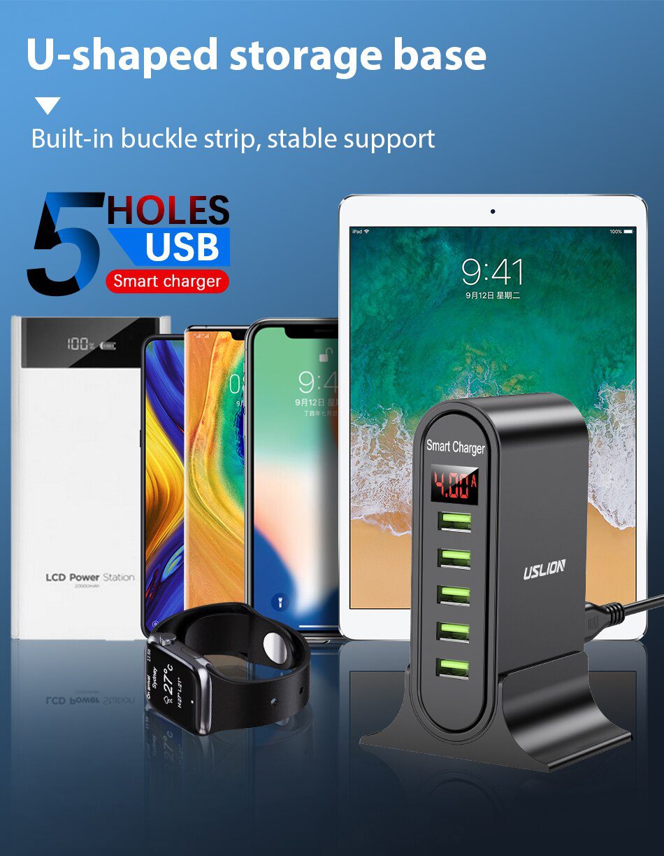 USLION 5 Port USB Charger For Xiaomi LED Display Multi USB Charging Station Universal Phone Desktop Wall Home EU US UK Plug USLION 5 Port USB Charger For Xiaomi LED Display Multi USB Charging Station Universal Phone Desktop Wall Home EU US UK Plug