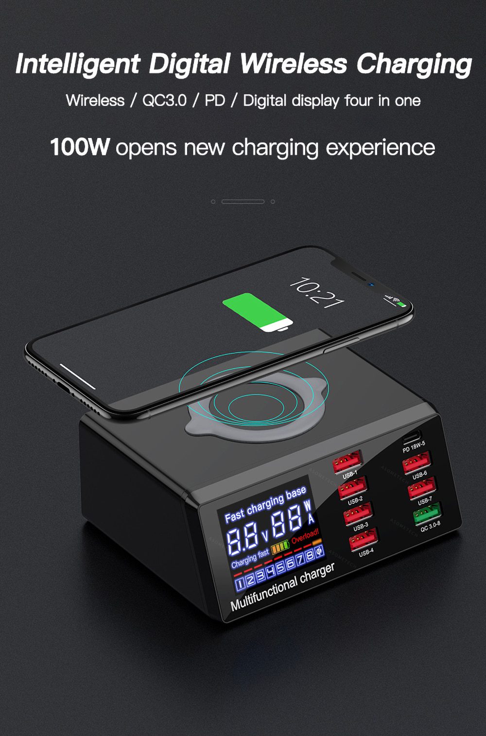 100W 8 Ports USB Charger Quick Charge 3.0 Adapter HUB Wireless Charger Charging Station PD Fast Charger For iPhone 11 Samsung