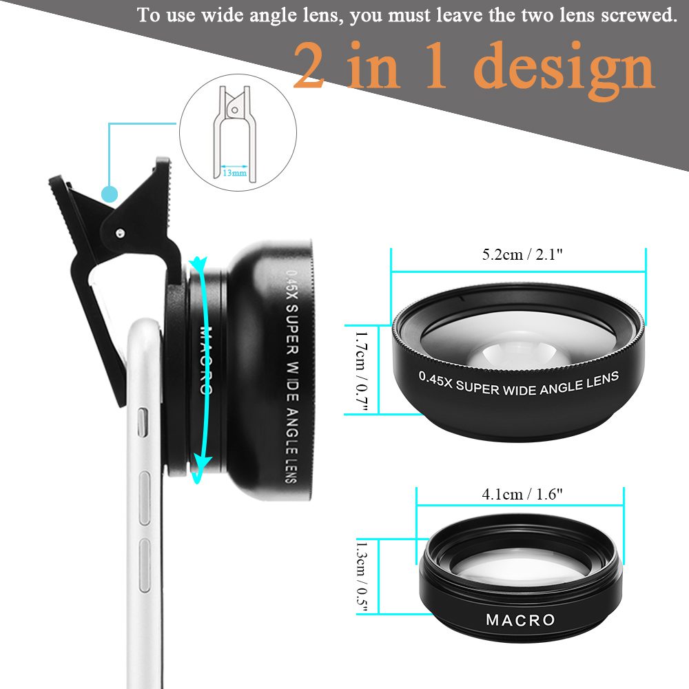 2 Functions Mobile Phone Lens 0.45X Wide Angle Len & 12.5X Macro HD Camera Lens Universal for iPhone Android Phone