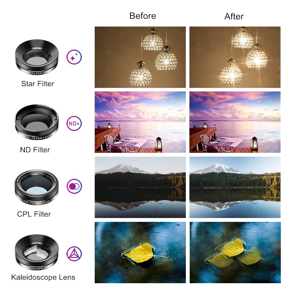 APEXEL 11 in 1 camera Phone Lens Kit wide angle macro Full Color/grad Filter CPL ND Star Filter for iPhone Xiaomi all Smartphone