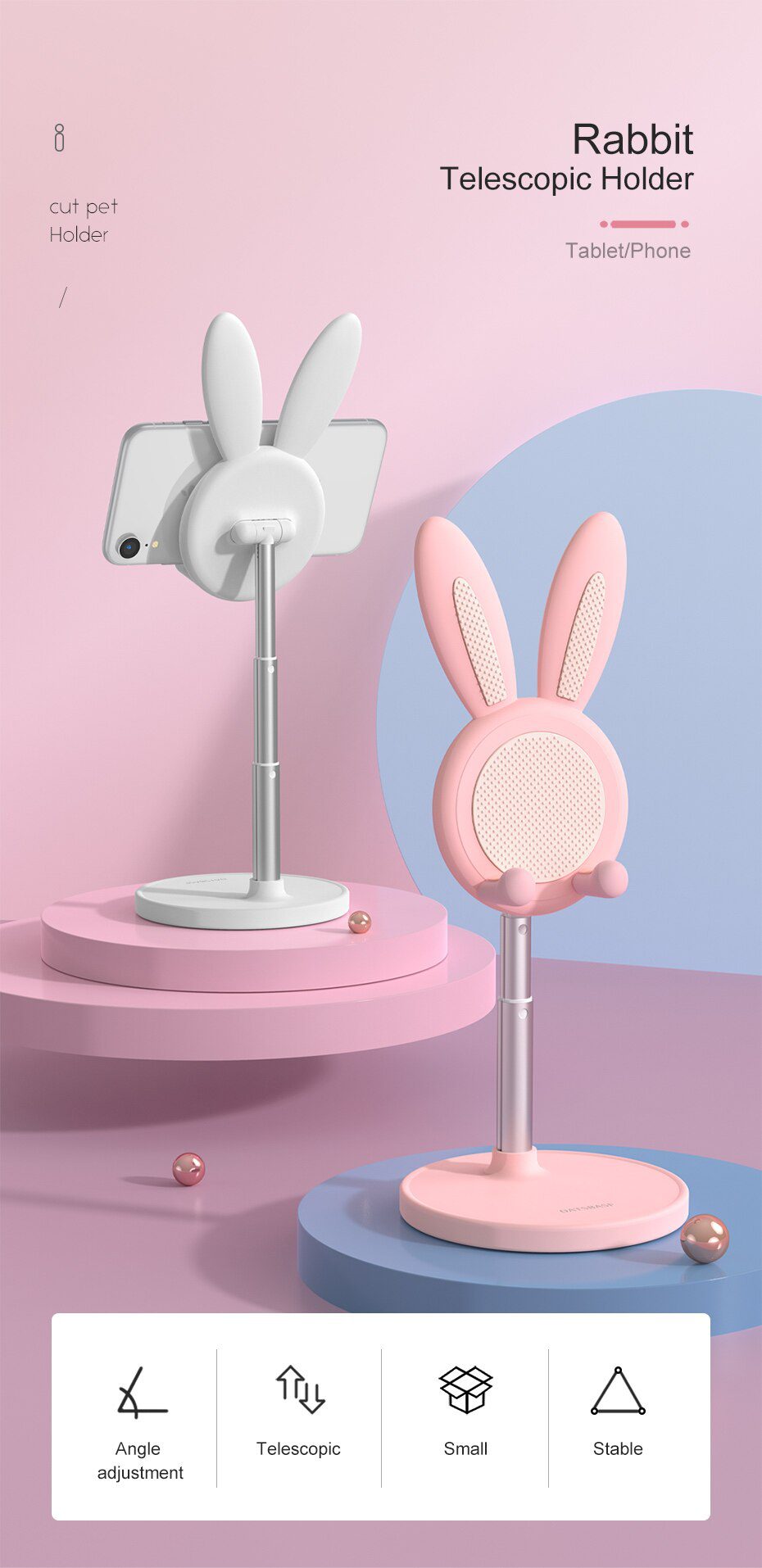 Cute Bunny Phone Holder Desktop Cell Phone Stand, Height Angle Adjustable For iPhone iPad Tablet