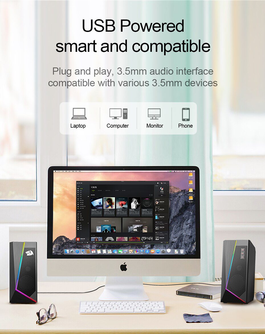 Redragon GS520 Anvil aux 3.5mm stereo surround music RGB speakers sound bar for computer 2.0 PC home notebook TV loudspeakers
