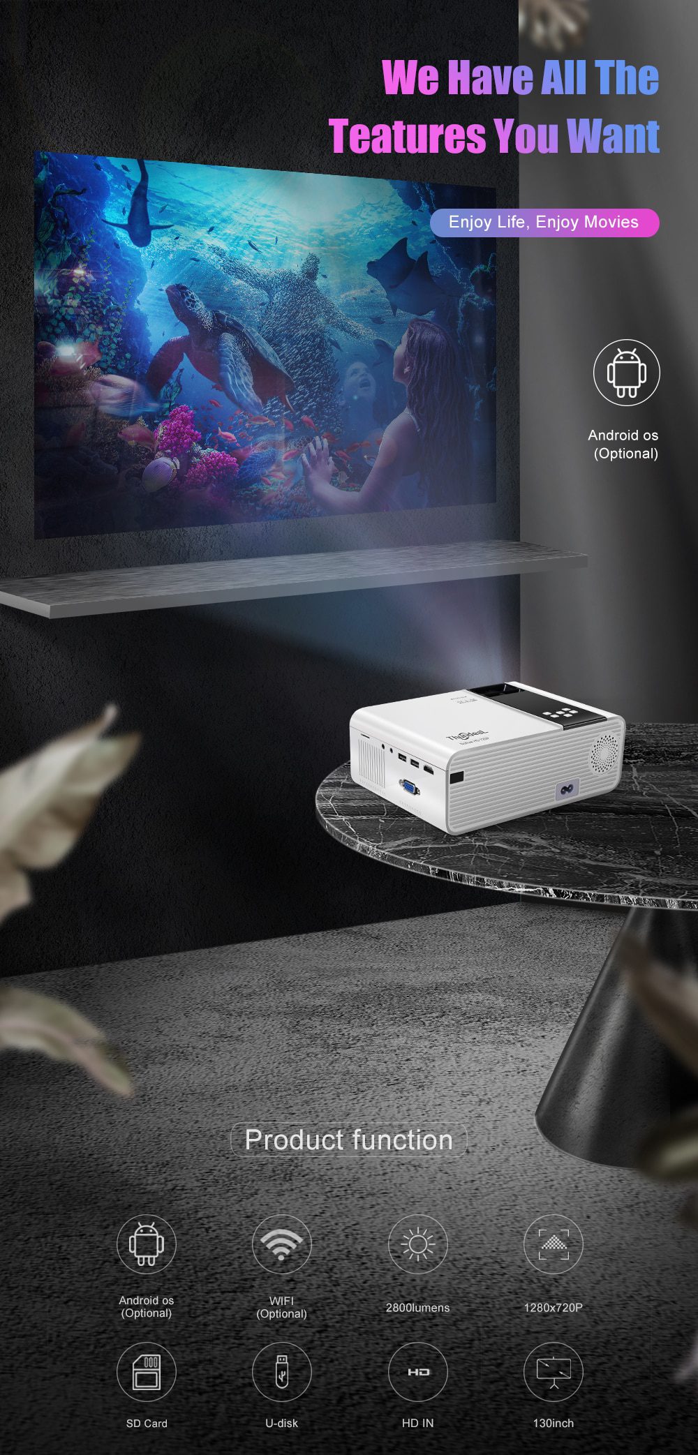 ThundeaL HD Mini Projector TD90 Native 1280 x 720P LED Android WiFi Projector Video Home Cinema 3D Smart Movie Game Proyector