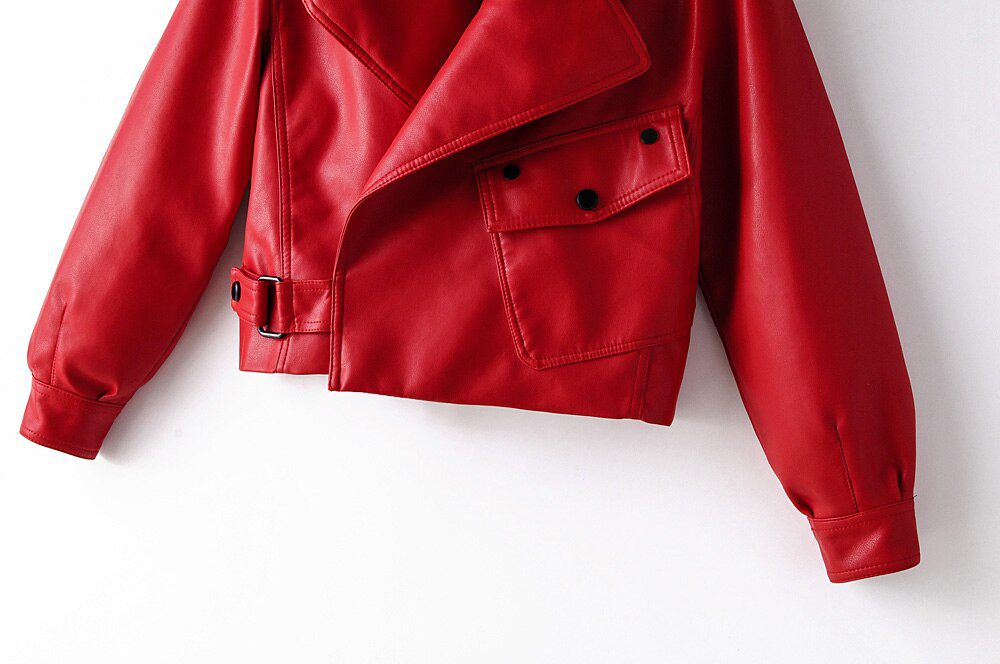 Fitaylor New Autumn Women Faux Leather Jacket Pu Motorcycle Biker Red Coat Turndown Collar Loose Streetwear Black Punk Outerwear