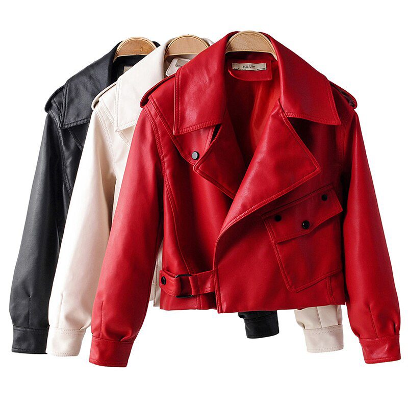 Fitaylor New Autumn Women Faux Leather Jacket Pu Motorcycle Biker Red Coat Turndown Collar Loose Streetwear Black Punk Outerwear