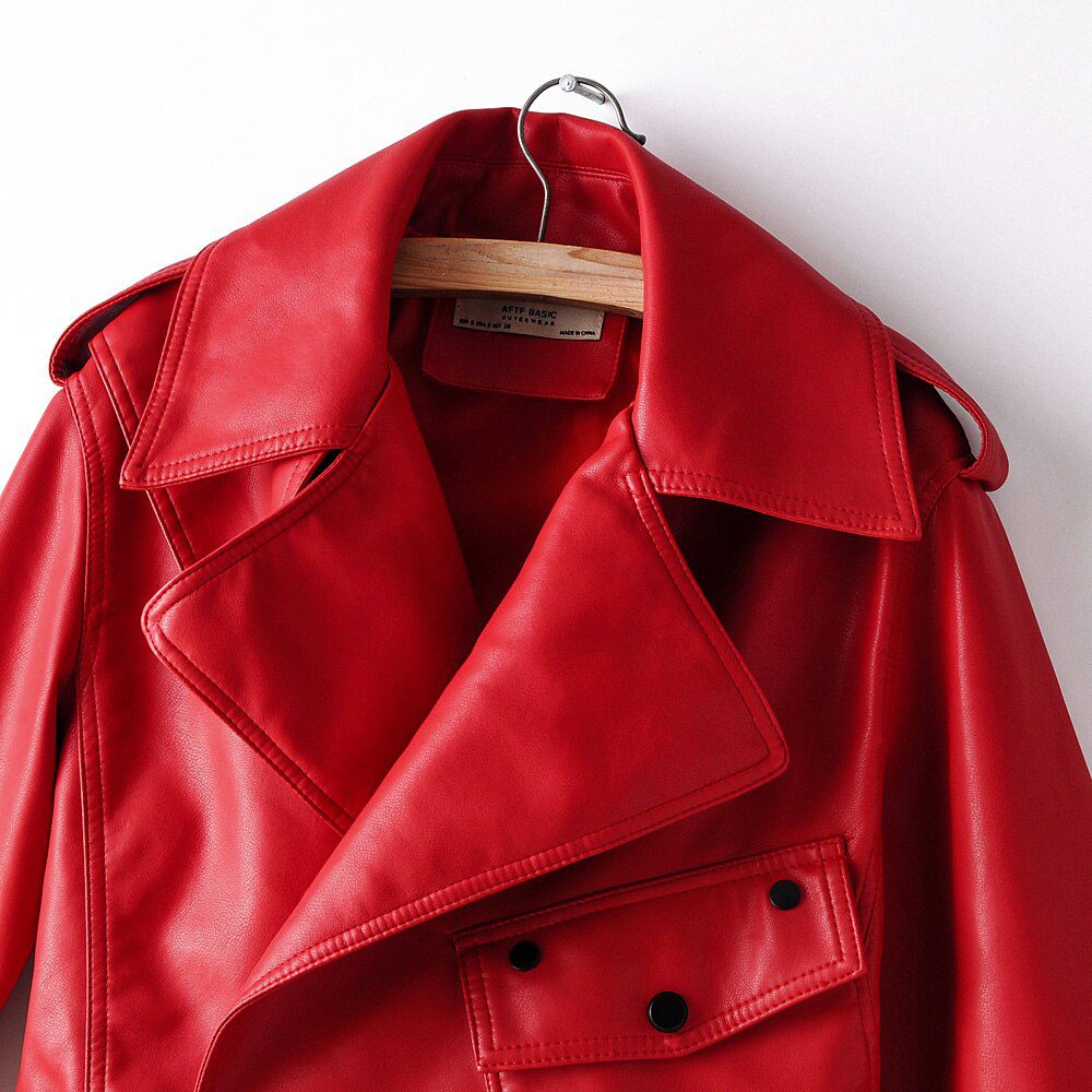 Fitaylor New Autumn Women Faux Leather Jacket Pu Motorcycle Biker Red Coat Turndown Collar Loose Streetwear Black Punk Outerwear