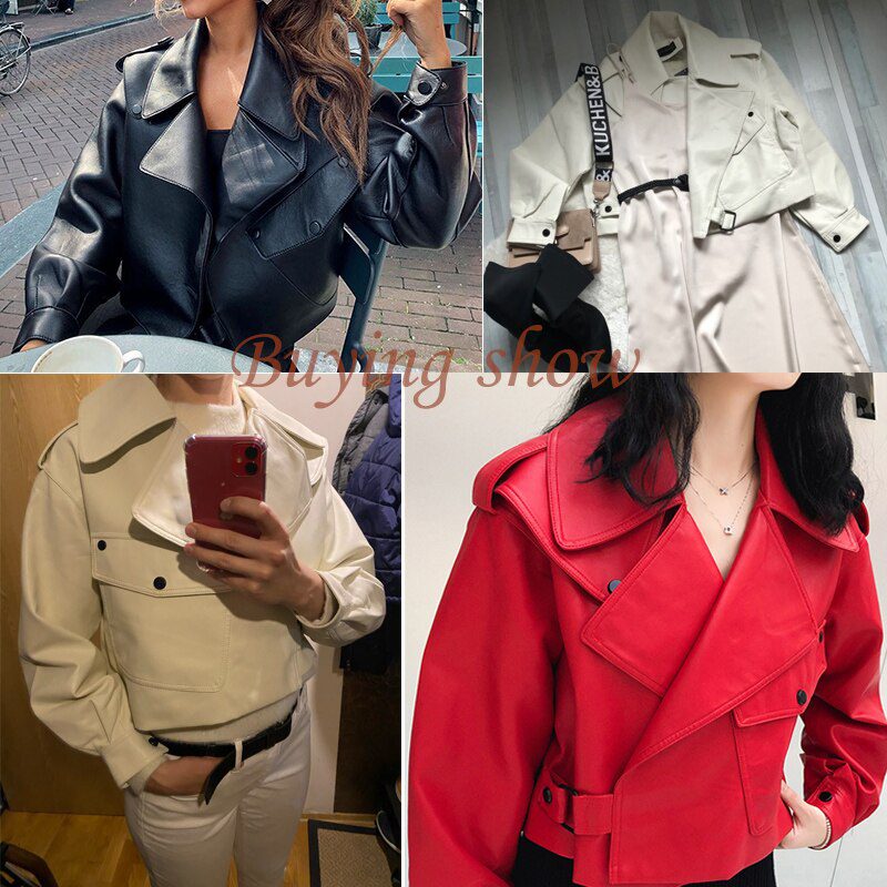Fitaylor New Autumn Women Faux Leather Jacket Pu Motorcycle Biker Red Coat Turndown Collar Loose Streetwear Black Punk Outerwear