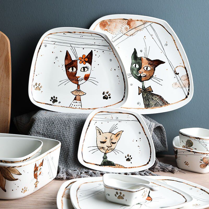Cute Cartoon Cat Ceramic Tableware Household Soup Noodle Bowls Fruit Steak Food Plate Dishes Creative Porcelain Dinnerware Set Cute Cartoon Cat Ceramic Tableware Household Soup Noodle Bowls Fruit Steak Food Plate Dishes Creative Porcelain Dinnerware Set