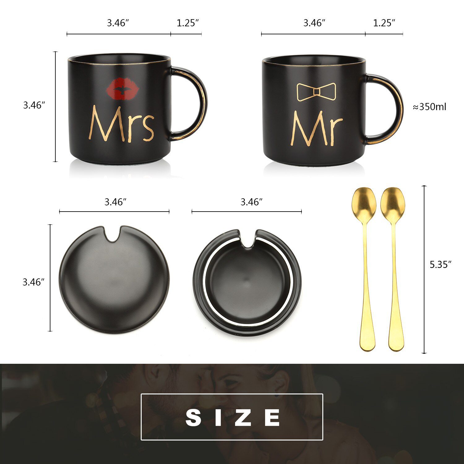 Mr and Mrs Coffee Mugs Cups Gift-Set for Engagement Wedding Bridal Shower Bride and Groom To Be Newlyweds Couples Black Ceramic