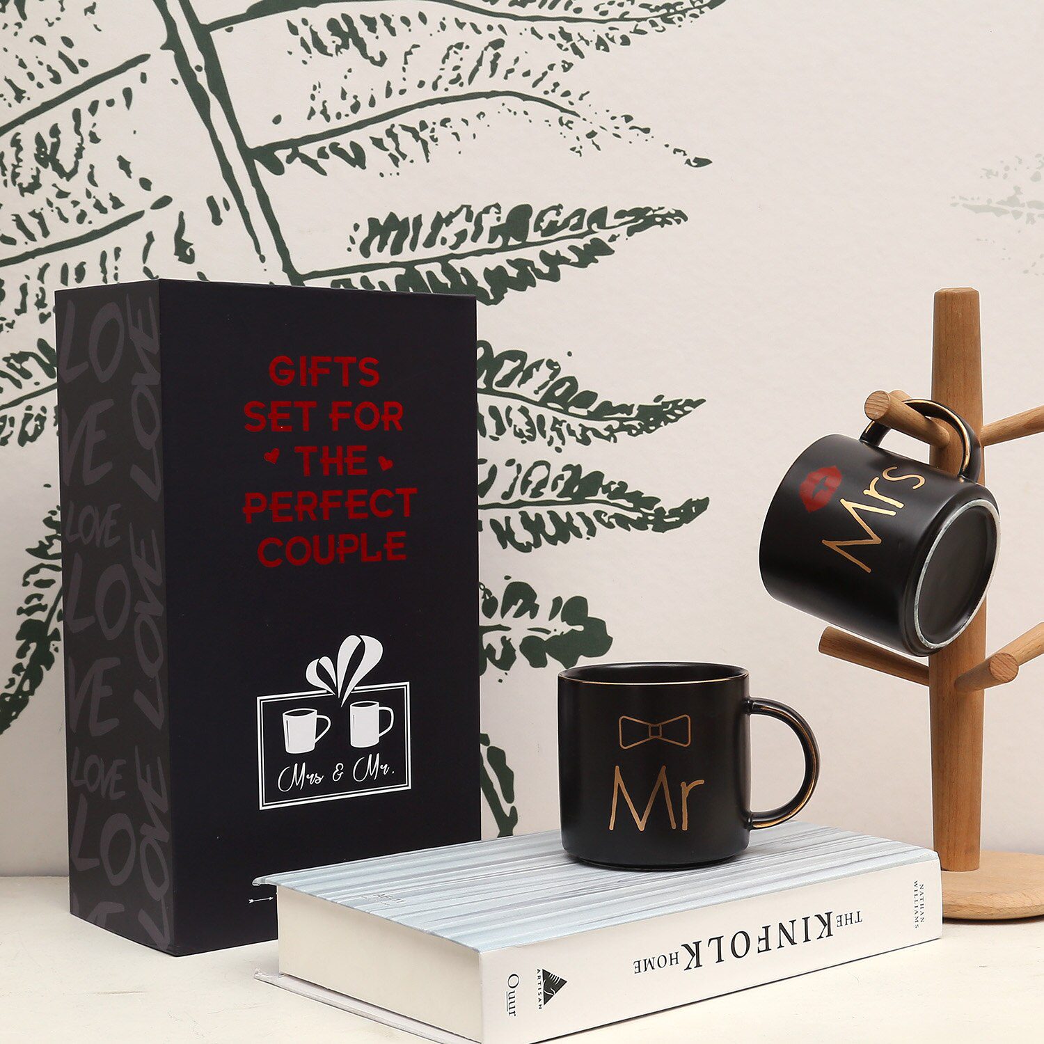 Mr and Mrs Coffee Mugs Cups Gift-Set for Engagement Wedding Bridal Shower Bride and Groom To Be Newlyweds Couples Black Ceramic