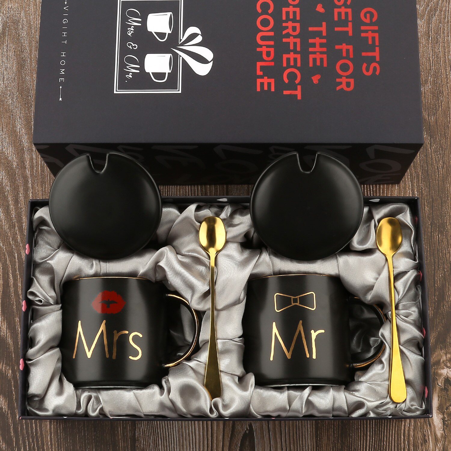 Mr and Mrs Coffee Mugs Cups Gift-Set for Engagement Wedding Bridal Shower Bride and Groom To Be Newlyweds Couples Black Ceramic