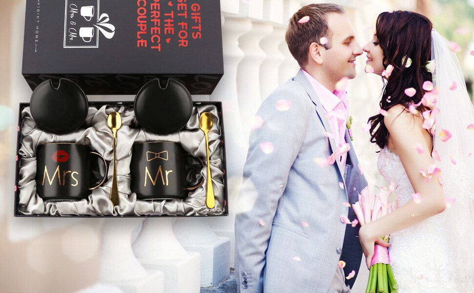 Mr and Mrs Coffee Mugs Cups Gift-Set for Engagement Wedding Bridal Shower Bride and Groom To Be Newlyweds Couples Black Ceramic