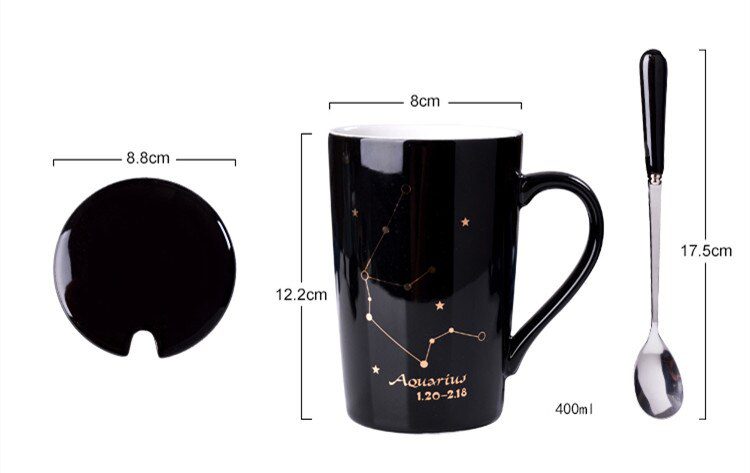 With Gift Box 12 Constellations Creative Ceramic Mugs with Spoon Lid Black and Gold Porcelain Zodiac Milk Coffee Cup 400ML Water