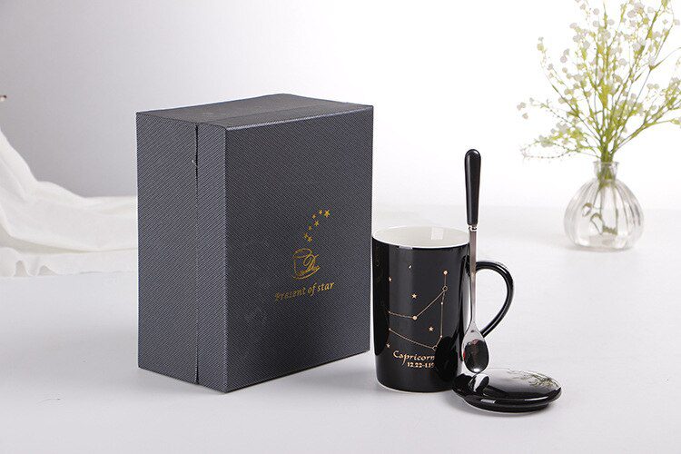 With Gift Box 12 Constellations Creative Ceramic Mugs with Spoon Lid Black and Gold Porcelain Zodiac Milk Coffee Cup 400ML Water