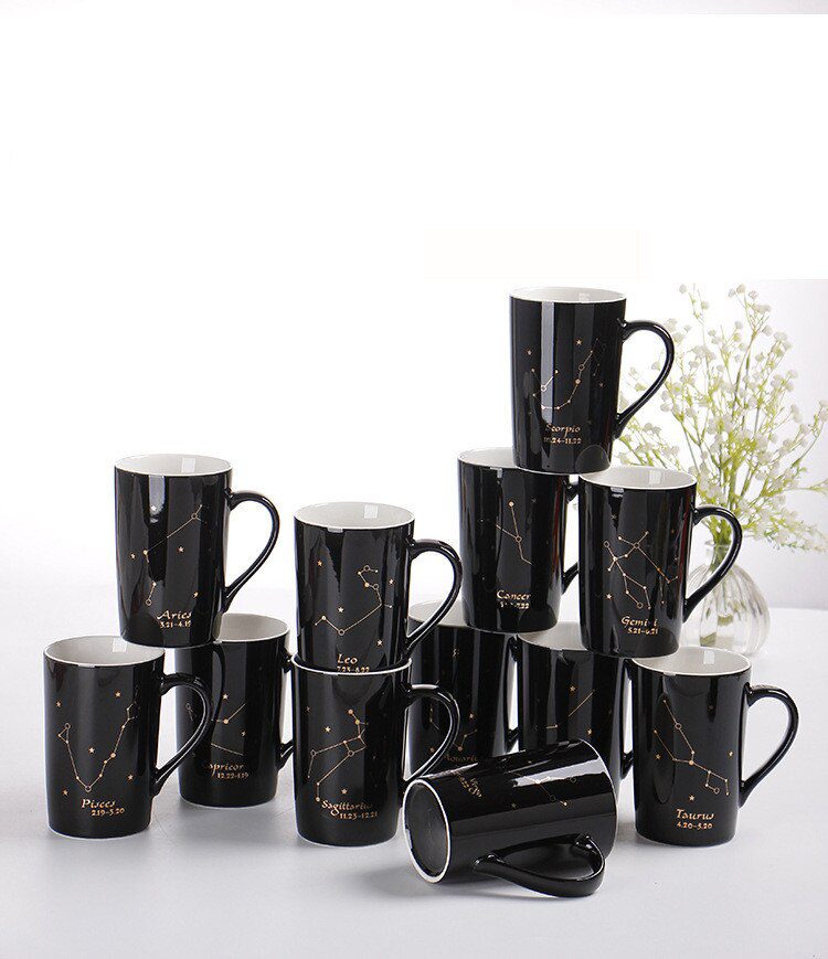 With Gift Box 12 Constellations Creative Ceramic Mugs with Spoon Lid Black and Gold Porcelain Zodiac Milk Coffee Cup 400ML Water