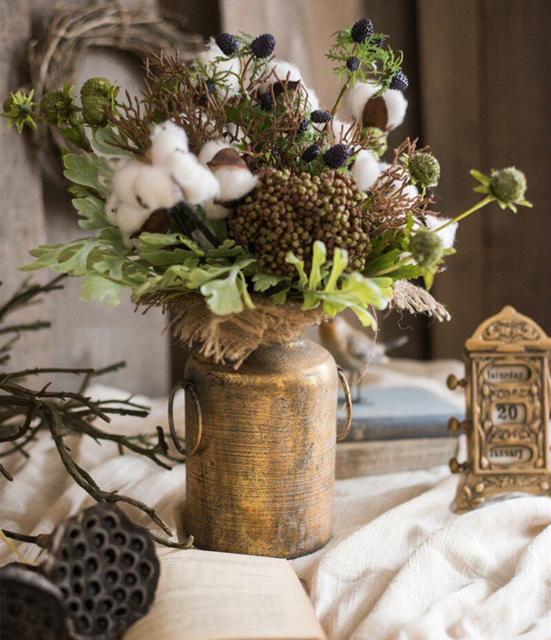 Vintage Old Wrought Iron Vase Flower Home Furnishing Golden Silver European Flower Pot Goblet Classical Floral Decoration