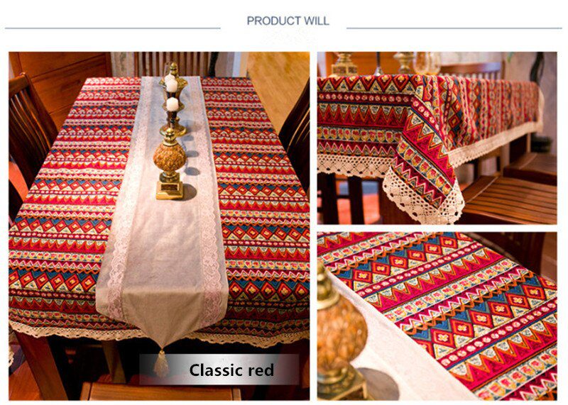 CFen A's Bohemian Quality Dining Tablecloth Color Soft Cotton Stripe Multi Sizes Lacy Home Kitchen Banquet Table Cover 1pc