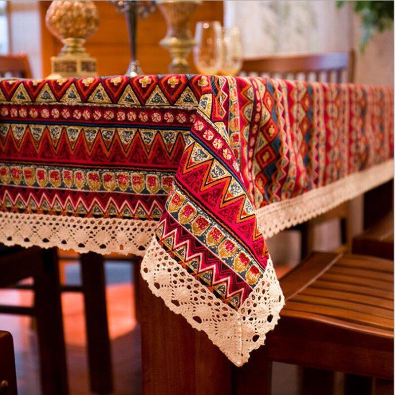 CFen A's Bohemian Quality Dining Tablecloth Color Soft Cotton Stripe Multi Sizes Lacy Home Kitchen Banquet Table Cover 1pc