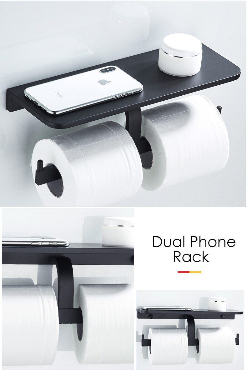 55CM Matte Black Double Towel Bars Bathroom Towel Hanger Space Aluminum Bathroom Accessories Towel Rack Towel Ring Toilet Brush