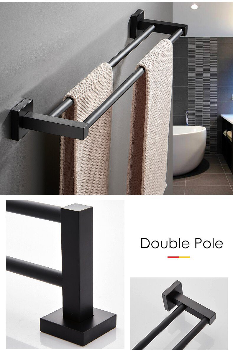 55CM Matte Black Double Towel Bars Bathroom Towel Hanger Space Aluminum Bathroom Accessories Towel Rack Towel Ring Toilet Brush