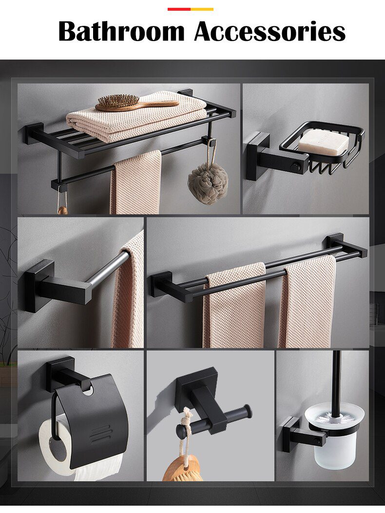 55CM Matte Black Double Towel Bars Bathroom Towel Hanger Space Aluminum Bathroom Accessories Towel Rack Towel Ring Toilet Brush