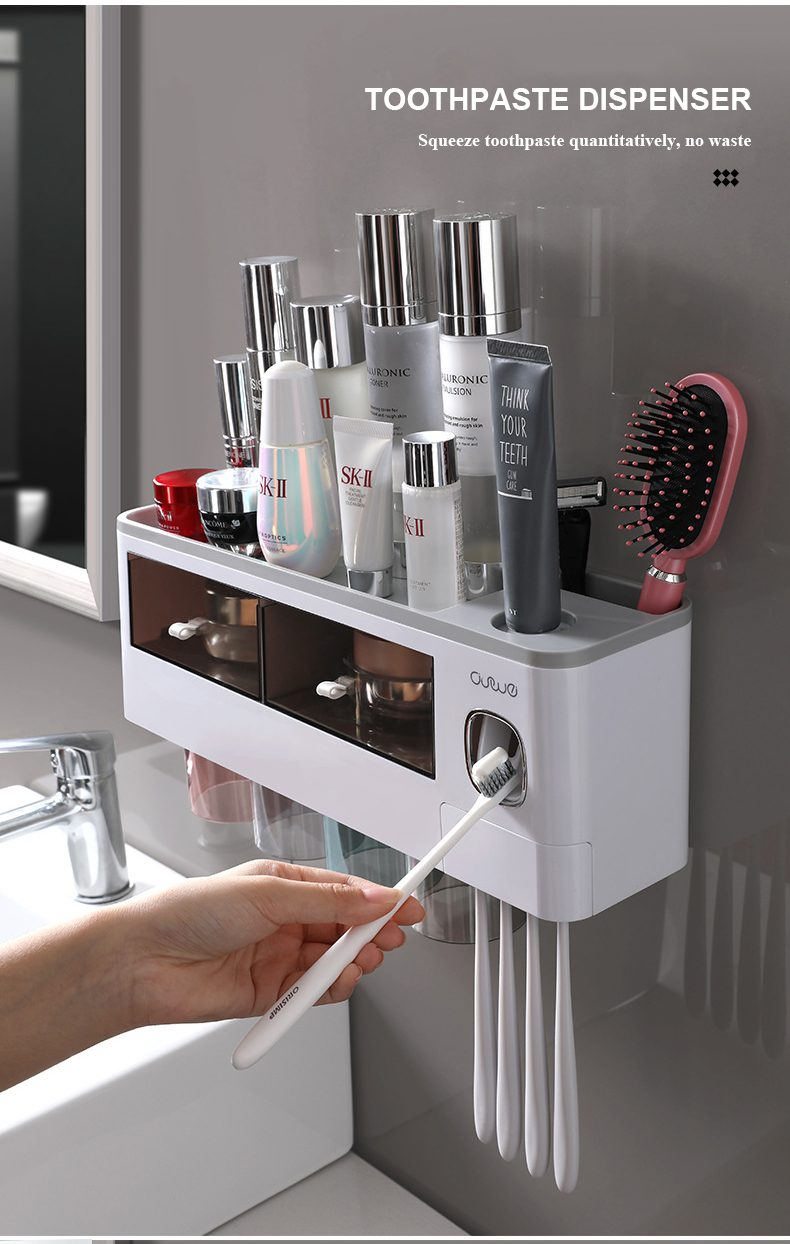 Bathroom Accessories Set Magnetic Adsorption Inverted Toothbrush Holder Automatic Toothpaste Dispenser Squeezer Storage Rack