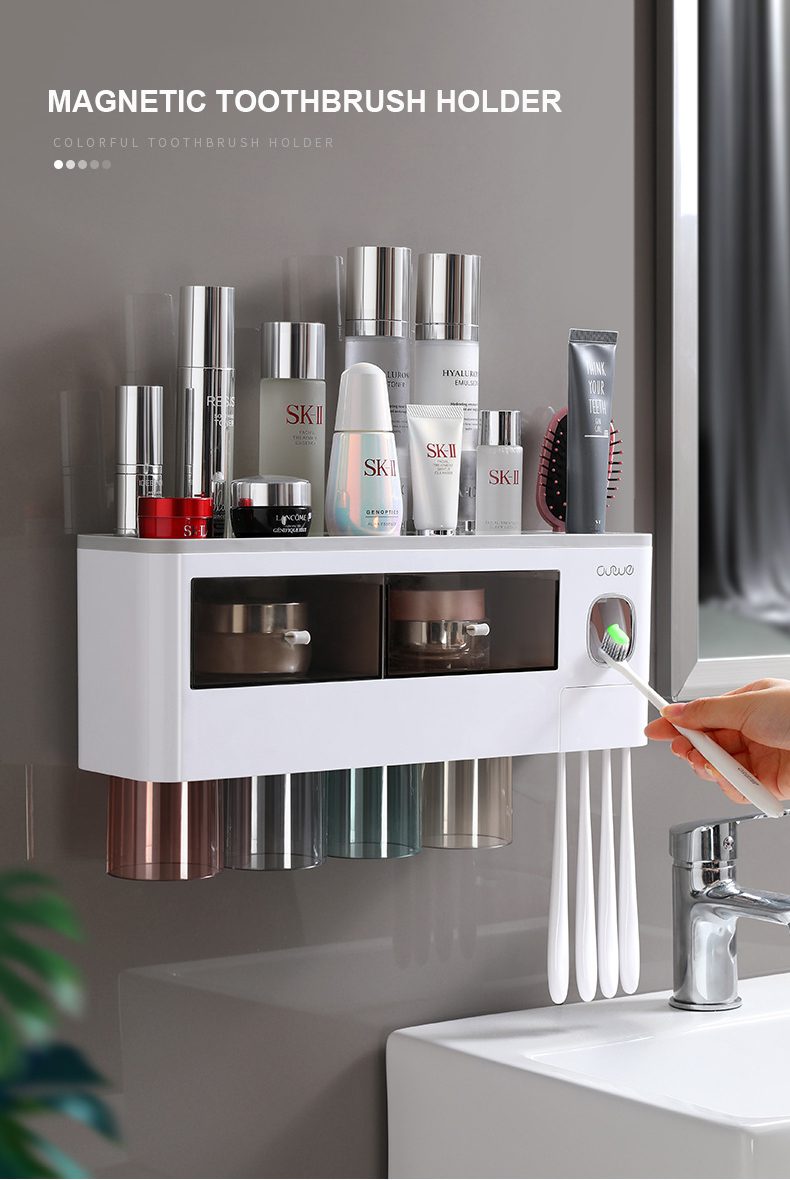 Bathroom Accessories Set Magnetic Adsorption Inverted Toothbrush Holder Automatic Toothpaste Dispenser Squeezer Storage Rack
