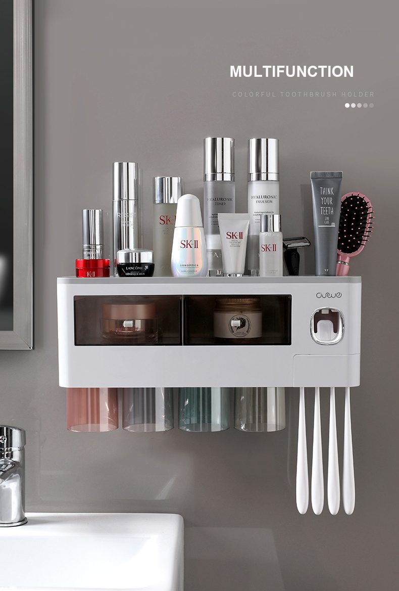 Bathroom Accessories Set Magnetic Adsorption Inverted Toothbrush Holder Automatic Toothpaste Dispenser Squeezer Storage Rack