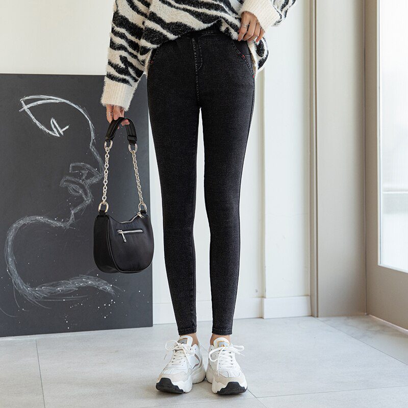 BIVIGAOS Women Jeans Pencil Pants Sand Washed Stretch Jeans Leggings Korean Pocket Red Line Leggings Magic Black Gray Jeggings