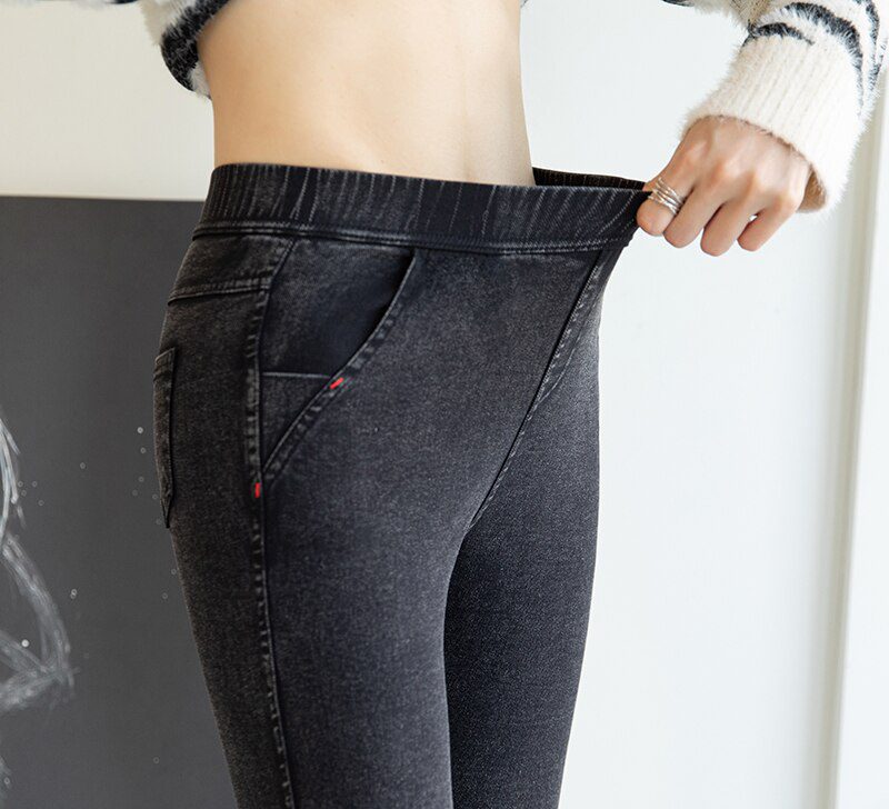BIVIGAOS Women Jeans Pencil Pants Sand Washed Stretch Jeans Leggings Korean Pocket Red Line Leggings Magic Black Gray Jeggings