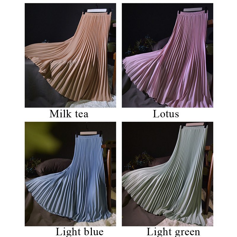Womens Vintage Pleated Midi Long Skirt Female Korean Casual High Waist Chiffon Skirts Jupe Faldas 18 Colors 2019 Autumn SK397