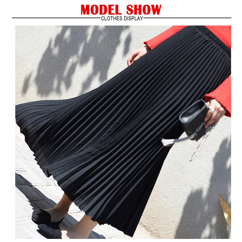 Womens Vintage Pleated Midi Long Skirt Female Korean Casual High Waist Chiffon Skirts Jupe Faldas 18 Colors 2019 Autumn SK397