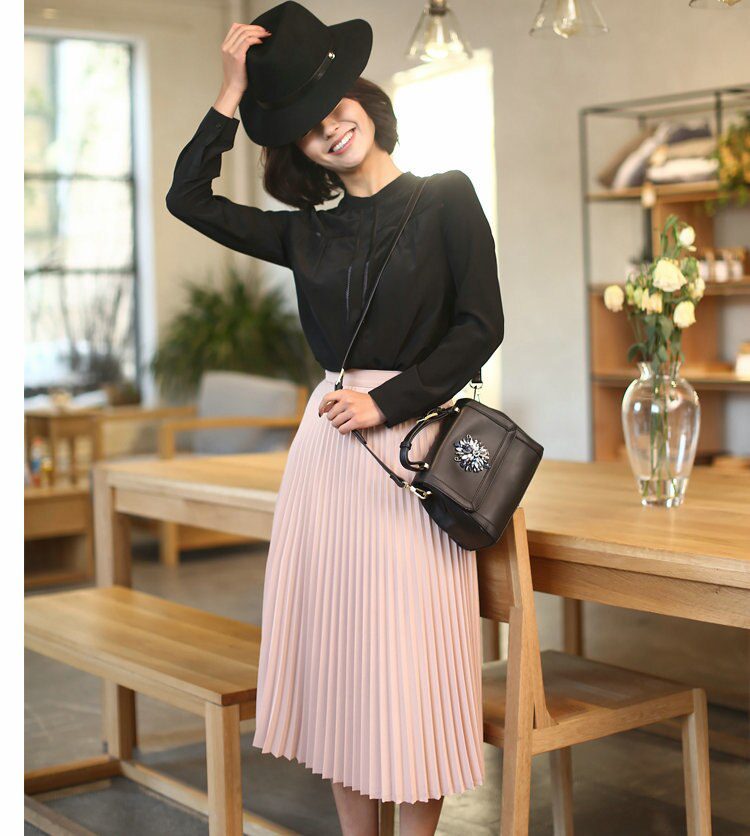 Spring and Autumn New Fashion Women's High Waist Pleated Solid Color Half Length Elastic Skirt Promotions Lady Black Pink