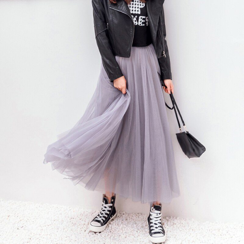 OHRYIYIE 2021 Spring Summer Vintage Tulle Skirt Women Elastic High Waist Mesh Skirts Long Pleated Tutu Skirts Female Jupe Longue