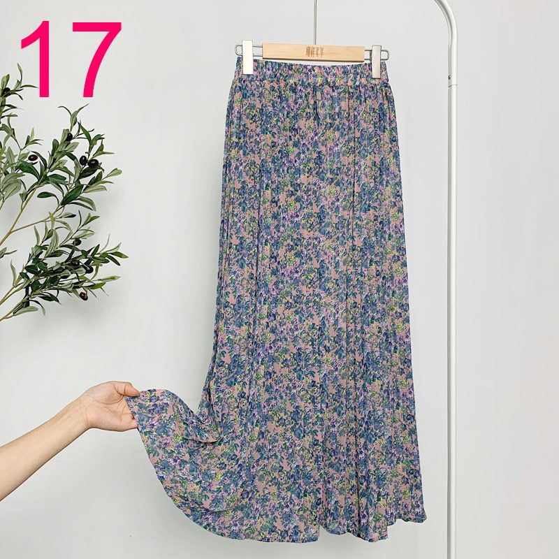 Summer Skirts Womens 2020 New Vintage Floral Print Chiffon Pleated Skirt Elastic High Waist Casual Midi Skirt Women Clothes Jupe