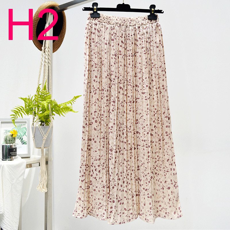 Summer Skirts Womens 2020 New Vintage Floral Print Chiffon Pleated Skirt Elastic High Waist Casual Midi Skirt Women Clothes Jupe