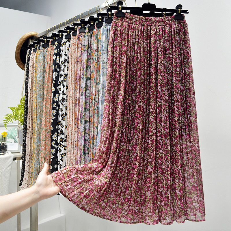 Summer Skirts Womens 2020 New Vintage Floral Print Chiffon Pleated Skirt Elastic High Waist Casual Midi Skirt Women Clothes Jupe