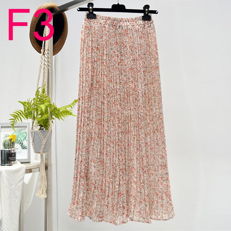 Summer Skirts Womens 2020 New Vintage Floral Print Chiffon Pleated Skirt Elastic High Waist Casual Midi Skirt Women Clothes Jupe