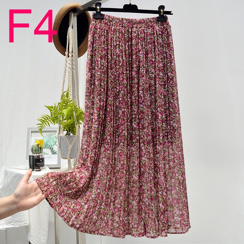 Summer Skirts Womens 2020 New Vintage Floral Print Chiffon Pleated Skirt Elastic High Waist Casual Midi Skirt Women Clothes Jupe
