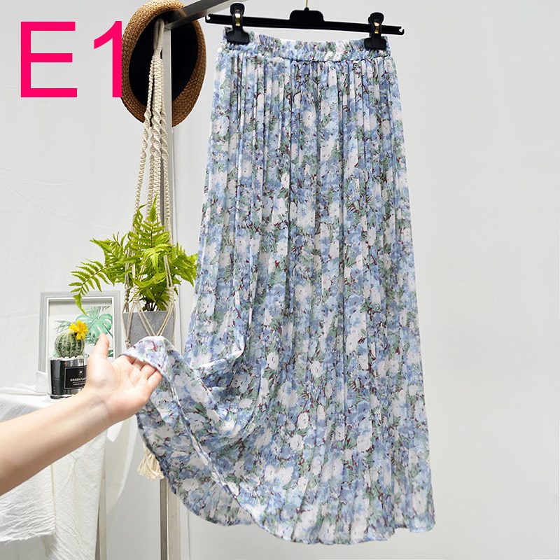 Summer Skirts Womens 2020 New Vintage Floral Print Chiffon Pleated Skirt Elastic High Waist Casual Midi Skirt Women Clothes Jupe