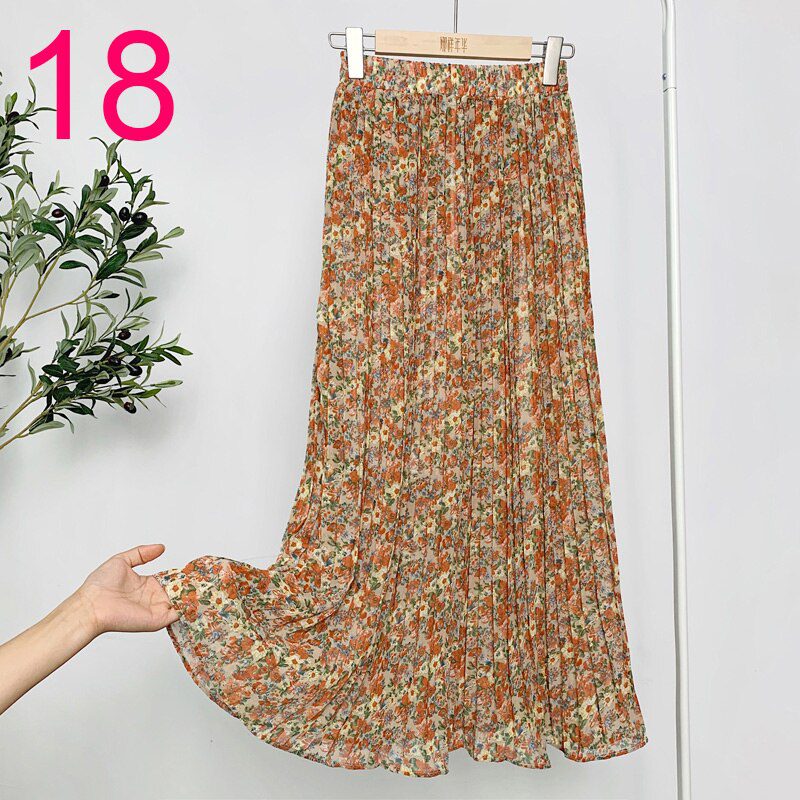 Summer Skirts Womens 2020 New Vintage Floral Print Chiffon Pleated Skirt Elastic High Waist Casual Midi Skirt Women Clothes Jupe