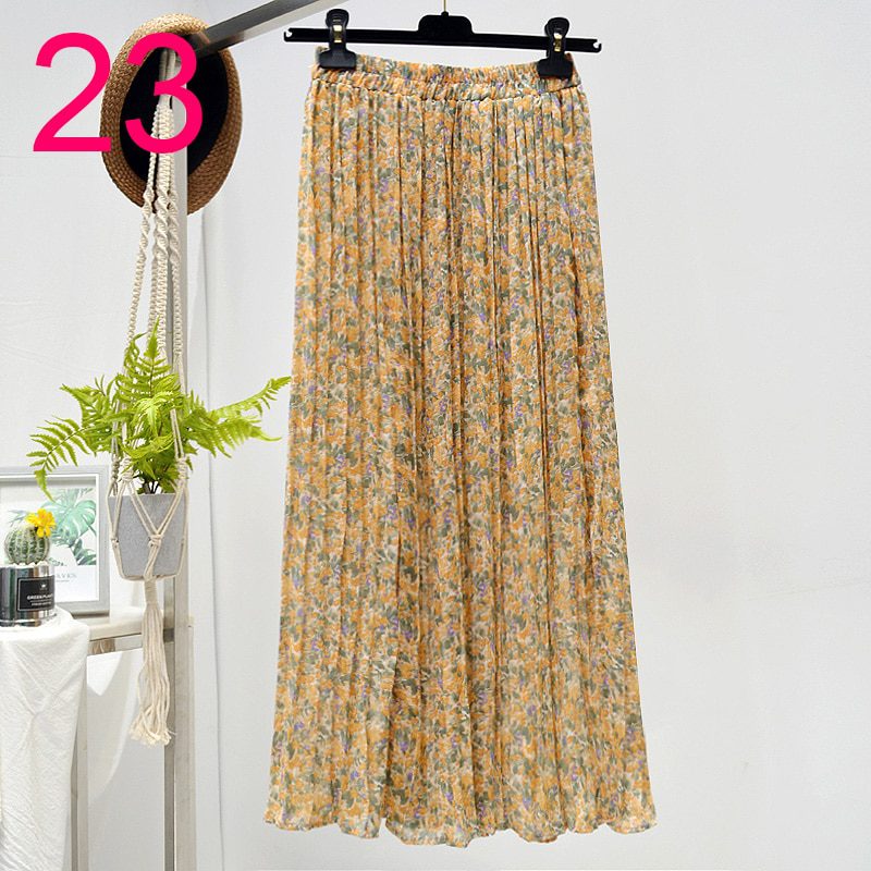 Summer Skirts Womens 2020 New Vintage Floral Print Chiffon Pleated Skirt Elastic High Waist Casual Midi Skirt Women Clothes Jupe