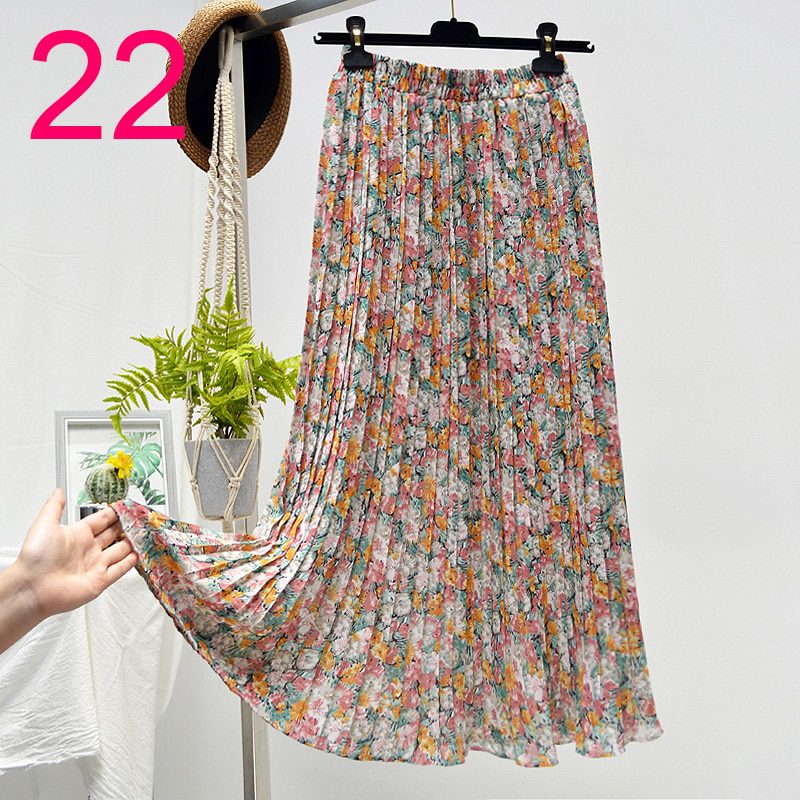 Summer Skirts Womens 2020 New Vintage Floral Print Chiffon Pleated Skirt Elastic High Waist Casual Midi Skirt Women Clothes Jupe