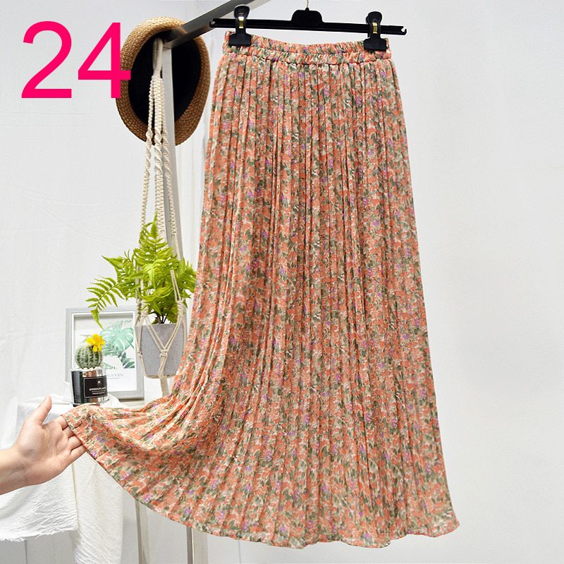 Summer Skirts Womens 2020 New Vintage Floral Print Chiffon Pleated Skirt Elastic High Waist Casual Midi Skirt Women Clothes Jupe