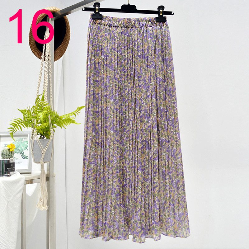 Summer Skirts Womens 2020 New Vintage Floral Print Chiffon Pleated Skirt Elastic High Waist Casual Midi Skirt Women Clothes Jupe