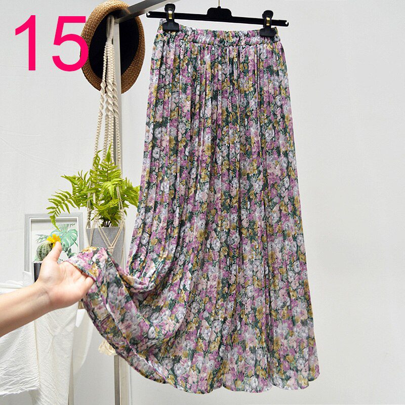 Summer Skirts Womens 2020 New Vintage Floral Print Chiffon Pleated Skirt Elastic High Waist Casual Midi Skirt Women Clothes Jupe