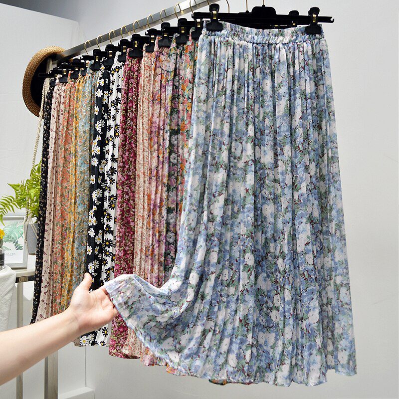 Summer Skirts Womens 2020 New Vintage Floral Print Chiffon Pleated Skirt Elastic High Waist Casual Midi Skirt Women Clothes Jupe