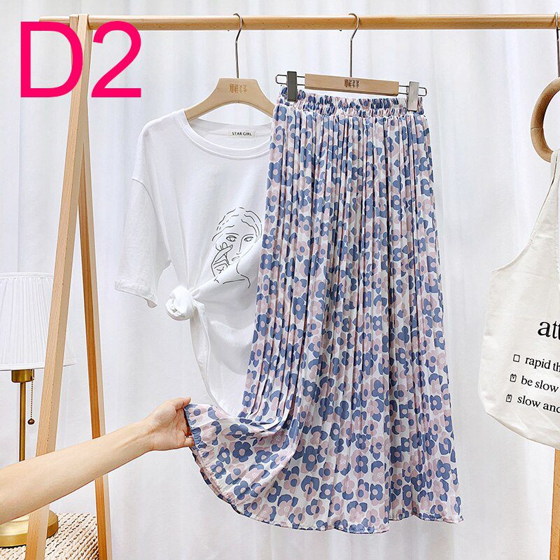 Summer Skirts Womens 2020 New Vintage Floral Print Chiffon Pleated Skirt Elastic High Waist Casual Midi Skirt Women Clothes Jupe